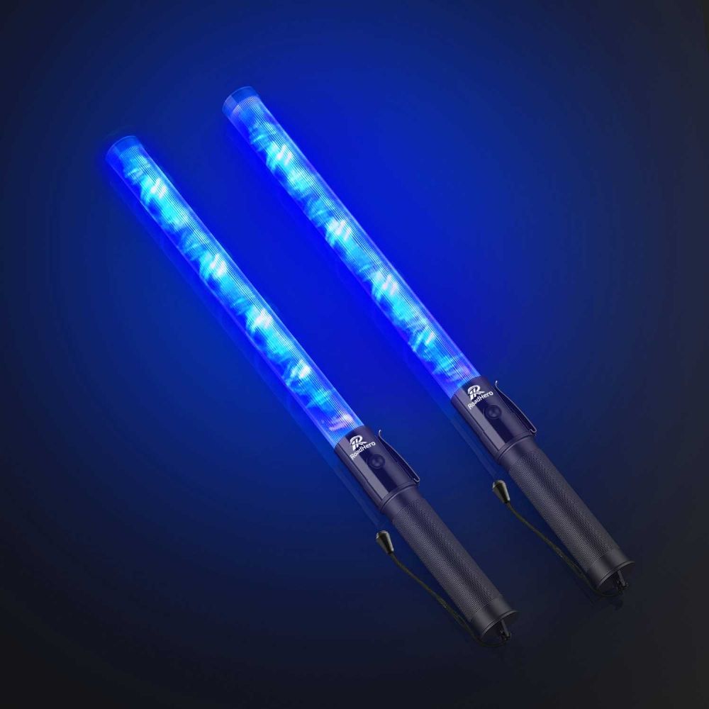 RoadHero 2 Pack 21inch Traffic Wands, Blue Led Traffic Control Baton, Night Safety Light Wand with 2 Flashing Modes, Air Marshaling Signal Wand with Side Clip for Airport, Parking, Car Directing