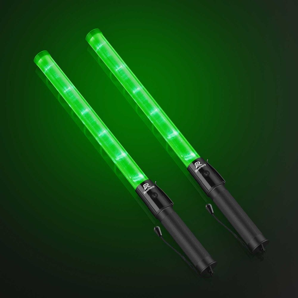 RoadHero 2 Pack 21inch Traffic Wands, Green Led Traffic Control Baton, Night Safety Light Wand with 2 Flashing Modes, Air Marshaling Signal Wand with Side Clip for Airport, Parking, Car Directing