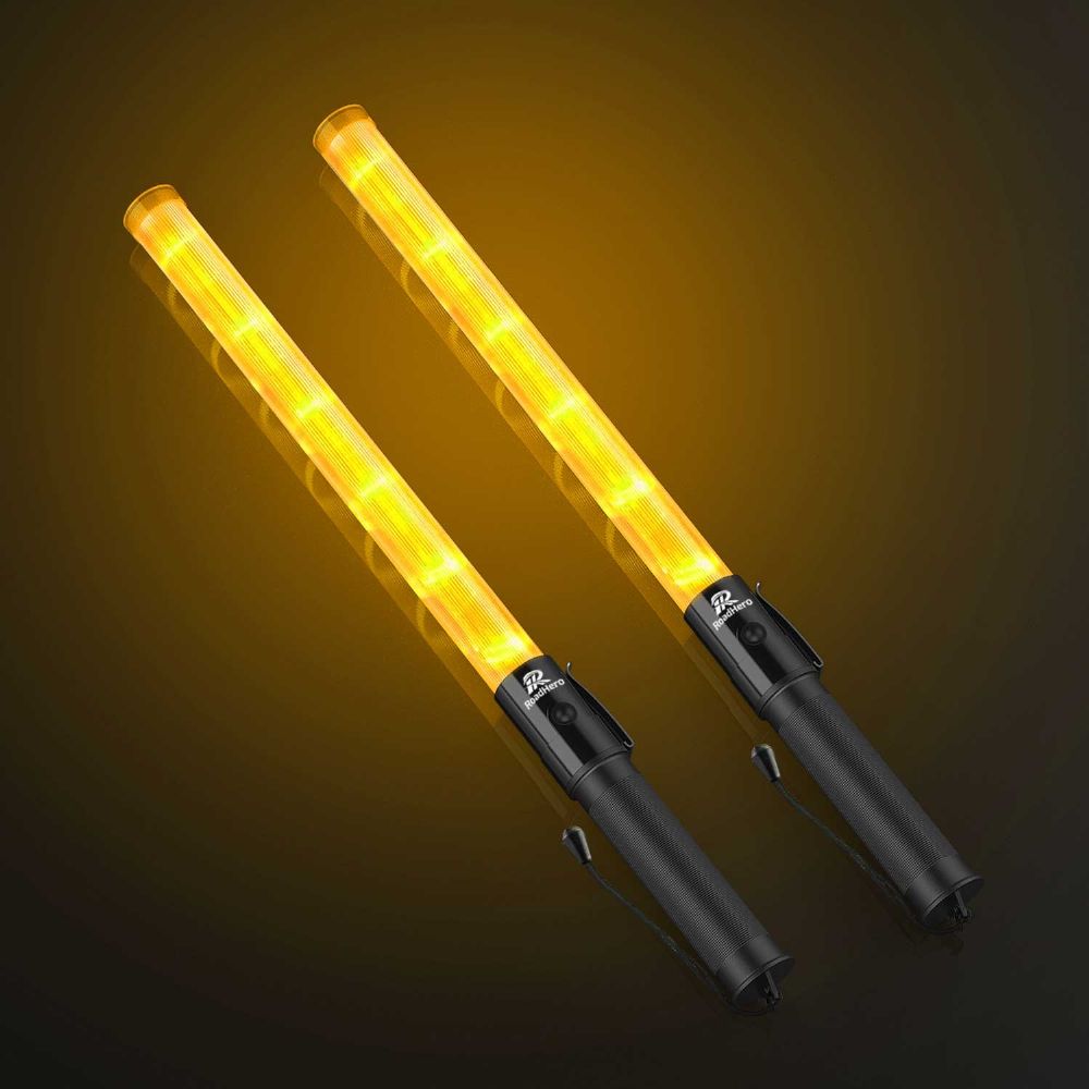 RoadHero 2 Pack 21inch Traffic Wand, Yellow Led Traffic Control Baton, Night Safety Light Wands with 2 Flashing Modes, Air Marshaling Signal Wand with Side Clip for Airport, Parking, Car Directing