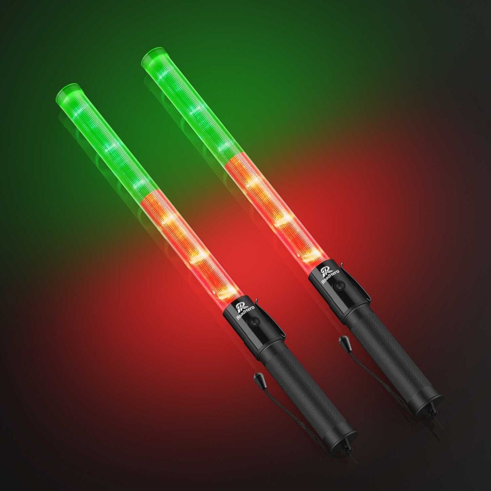 RoadHero 2 Pack 21inch Traffic Wands, Red & Green Led Traffic Control Baton, Safety Light Wand with 3 Flashing Modes, Air Marshaling Signal Wand with Side Clip for Airport, Parking, Car Directing