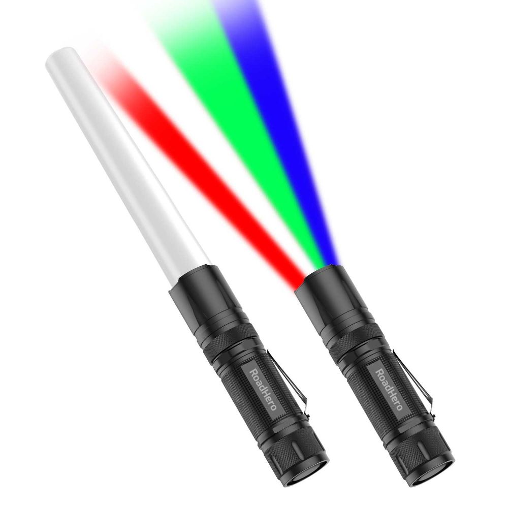 RoadHero [2 Pack 12inch Multi-Color LED Flashlight Traffic Control Wand, 4 Colors in 1, Safety Signal Light Traffic Baton for Kids, Night Version and Parking Directing
