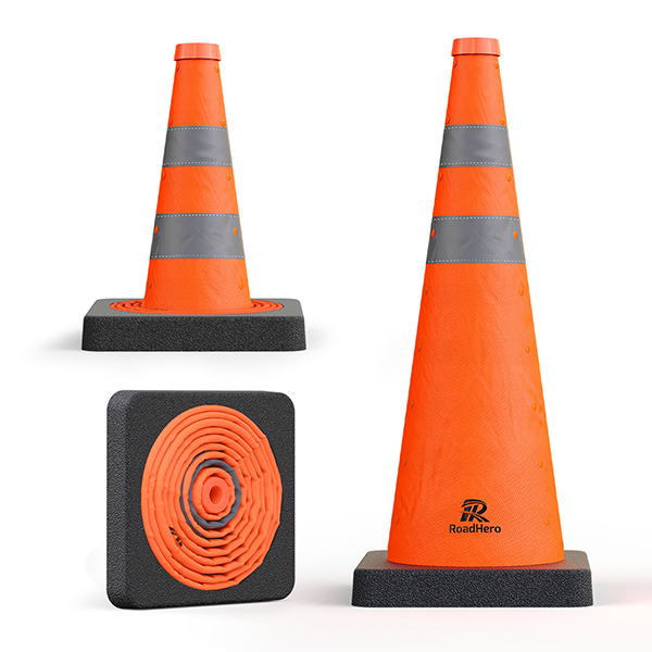 RoadHero 28 Inch Collapsible Traffic Safety Cones with Black Weighted Base, Construction Orange Cones with Reflective Collars for Road Safety, Driving Training, Parking Lots, 1 Pack