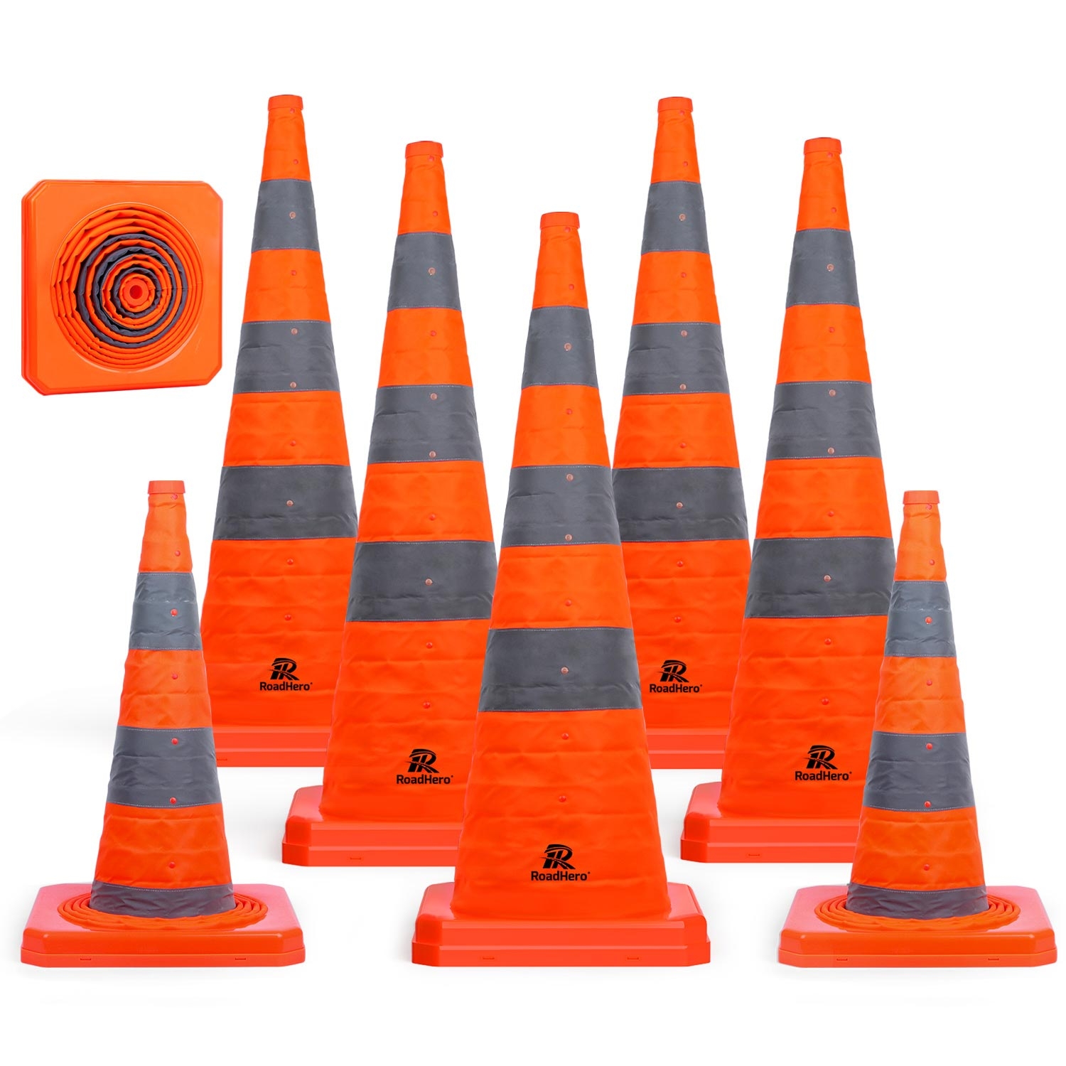 RoadHero 36 Inch [8 Pack] Collapsible Traffic Safety Cones, Multi Purpose Pop-up Cones with Reflective Collar for Road Safety, Orange Cones for Driving Training, Parking Lots