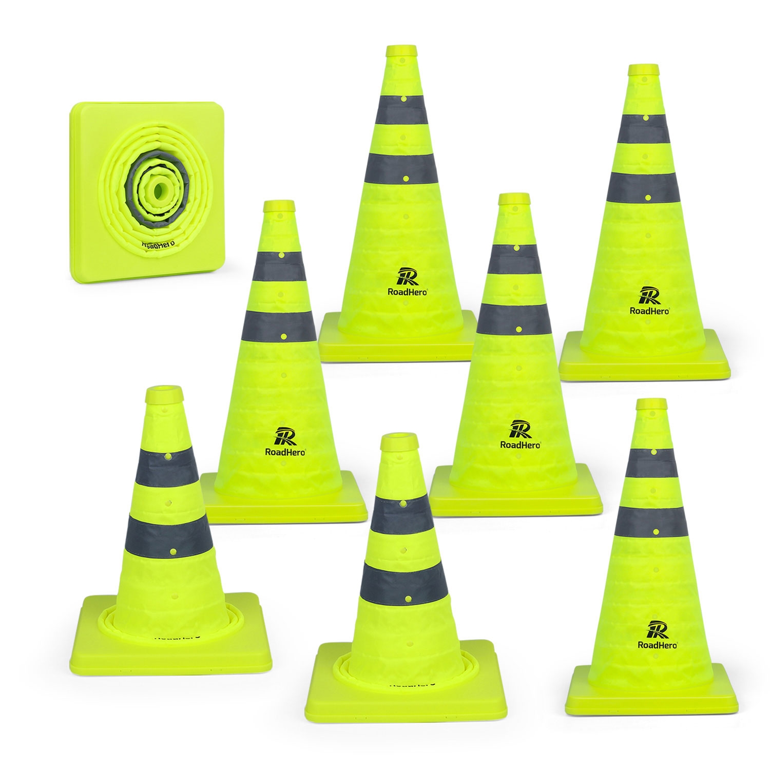 RoadHero 18 Inch [8 Pack] Collapsible Traffic Safety Cones, Lime Green Pop-up Cones with Reflective Collar for Road Safety, Driving Training, Parking Lots