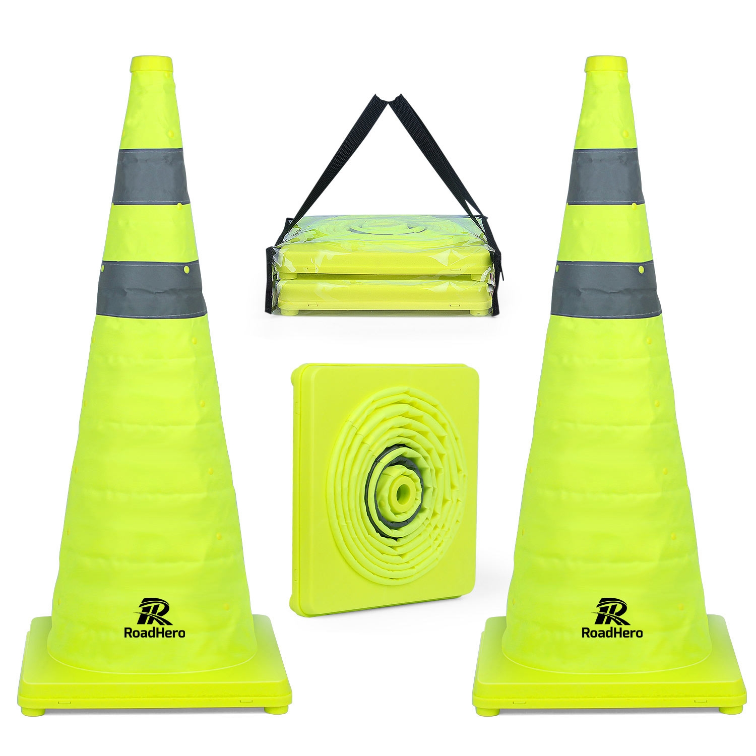 RoadHero 28 Inch [2 Pack] Collapsible Traffic Safety Cones, Lime Green Pop-up Cones with Reflective Collar for Road Safety, Driving Training, Parking Lots