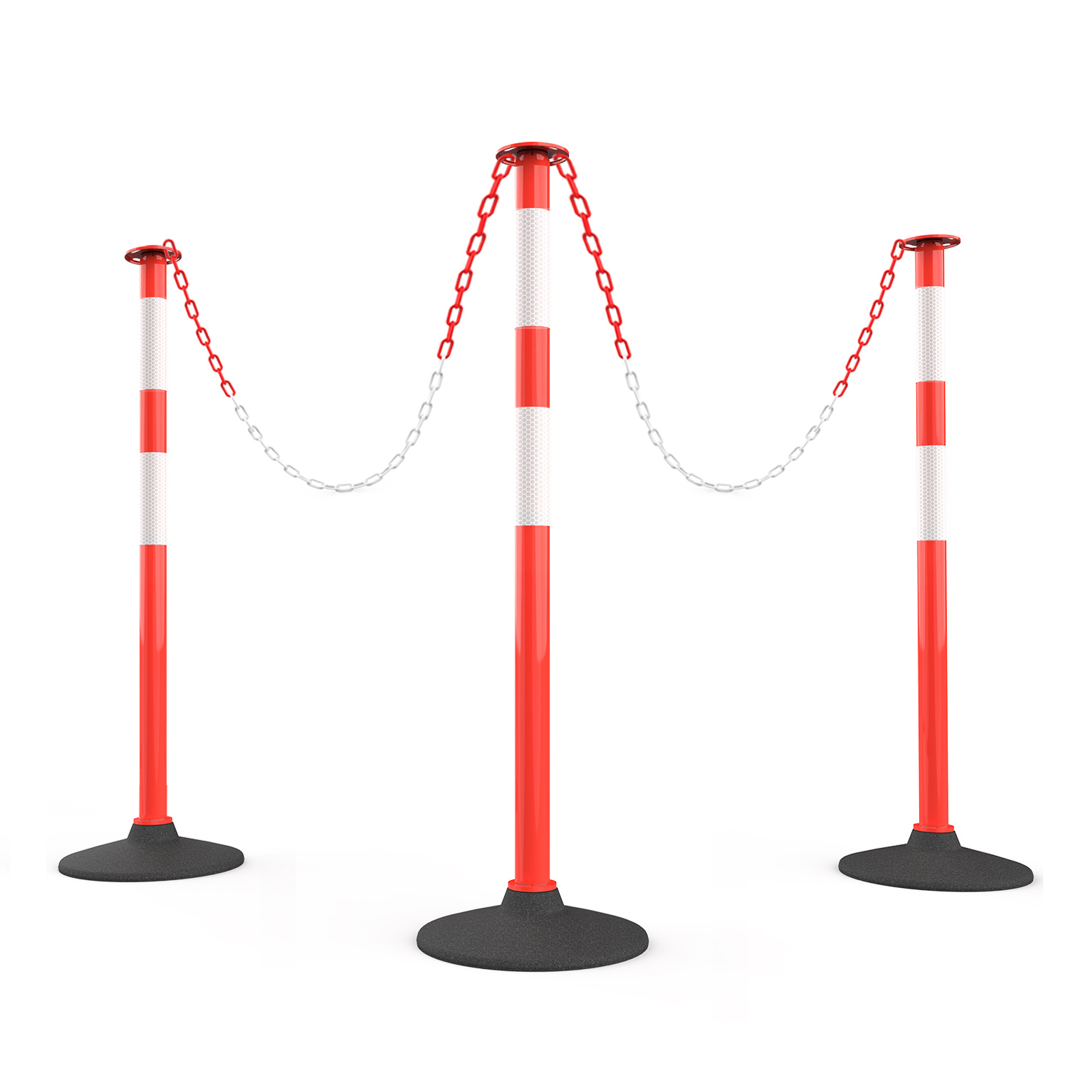 [3 Pack] Traffic Delineator Post with Weighted Rubber Base, Portable Orange Safety Barrier Posts Cones with 5FT Plastic Chain and Reflective Collars for Parking Lots,Construction Events