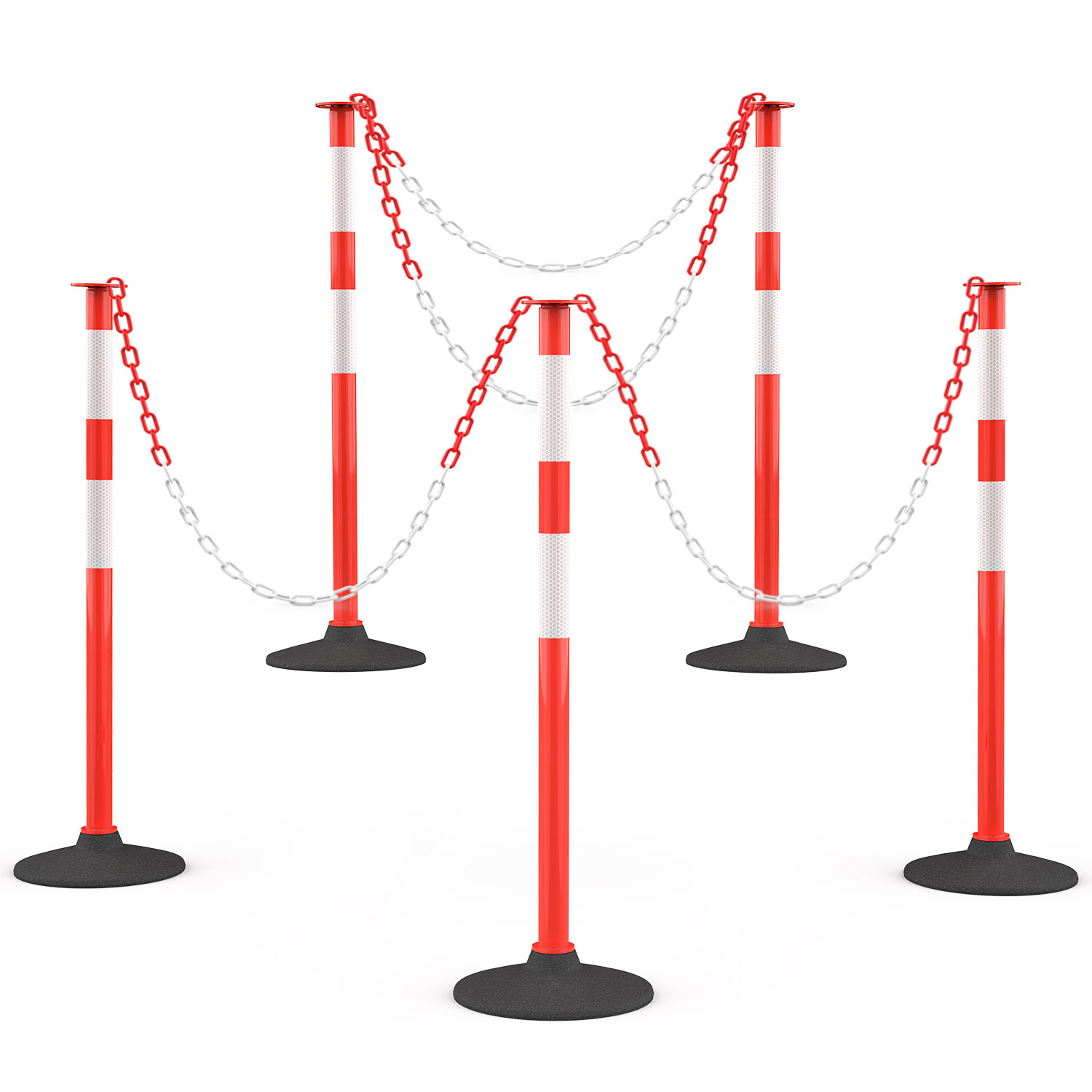 [5 Pack] Traffic Delineator Post with Weighted Rubber Base, Portable Orange Safety Barrier Posts Cones with 5FT Plastic Chain and Reflective Collars for Parking Lots,Construction Events