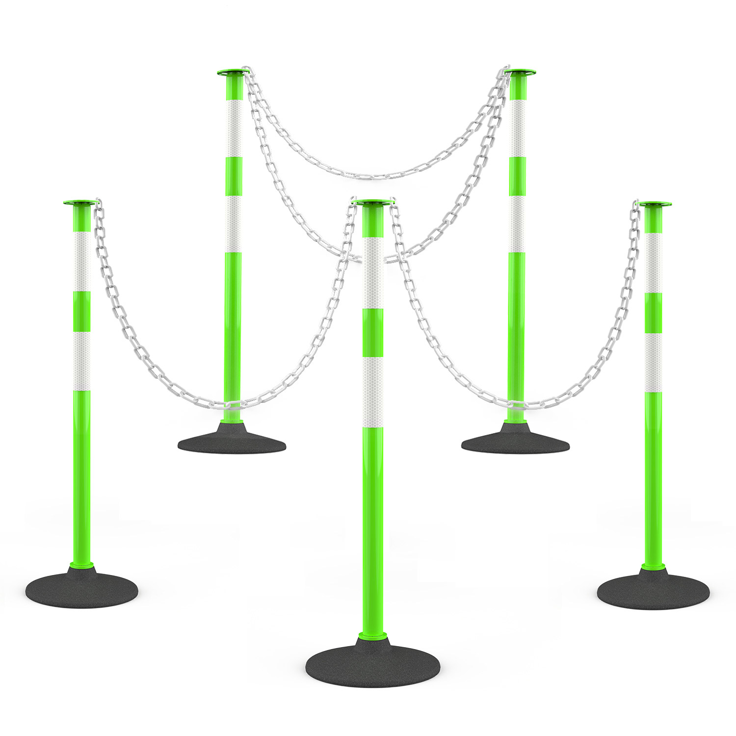 [5 Pack] Traffic Delineator Post with Weighted Rubber Base, Portable Lime Green Safety Barrier Posts Cones with 5FT Plastic Chain and Reflective Collars for Parking Lots, Construction Events