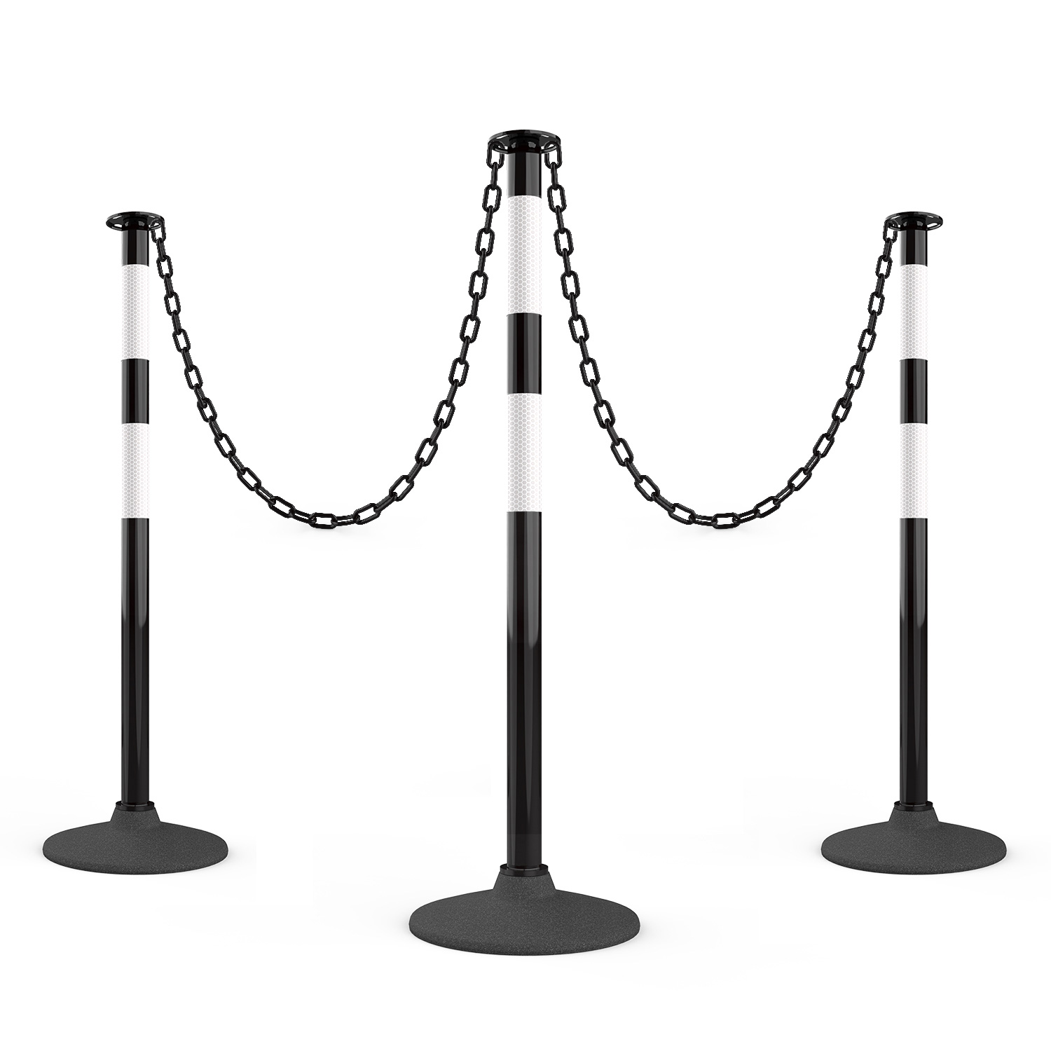 [3 Pack] Traffic Delineator Post with Weighted Rubber Base, Portable Black Safety Barrier Posts Cones with 5FT Plastic Chain and Reflective Collars for Parking Lots,Construction Events