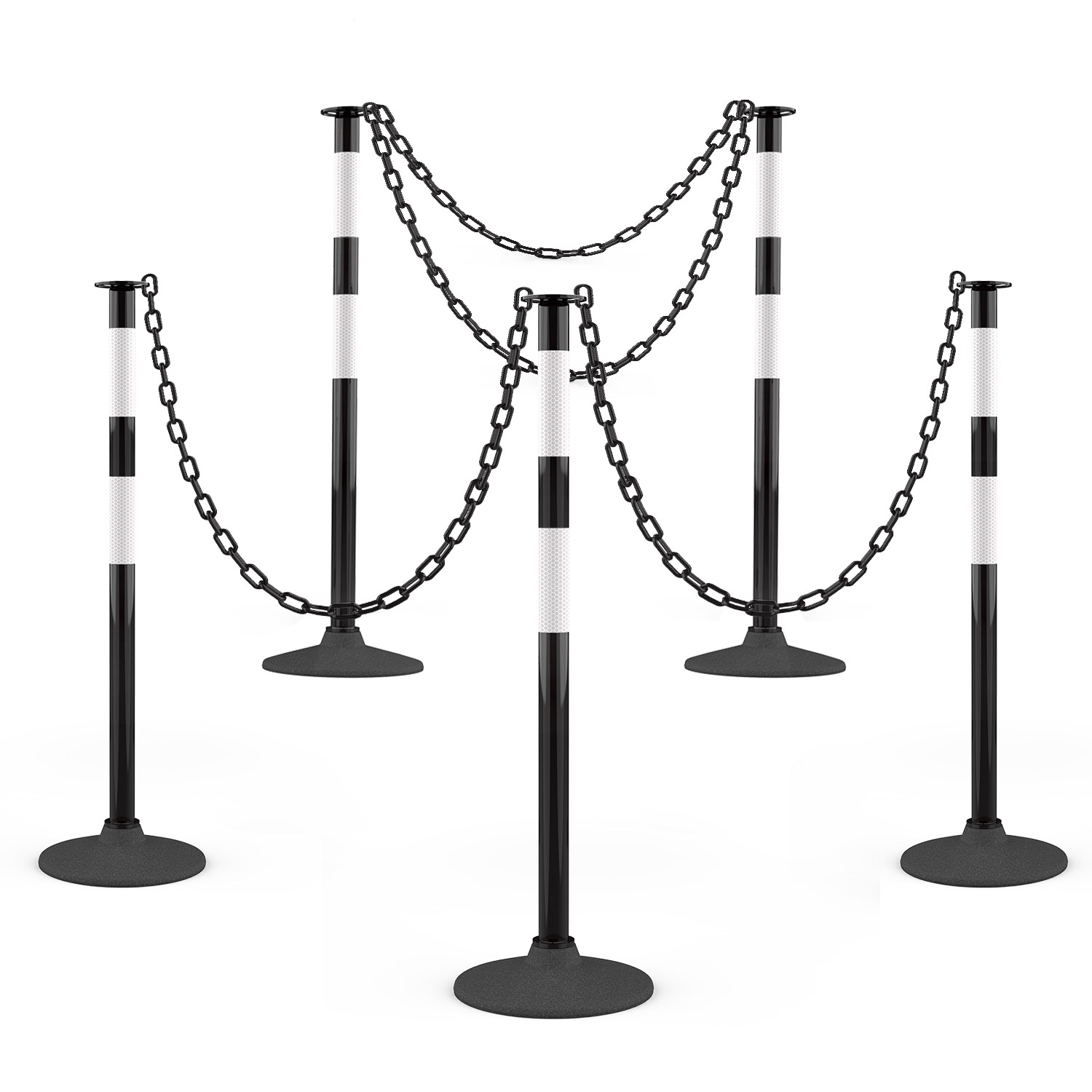 [5 Pack] Traffic Delineator Post with Weighted Rubber Base, Portable Black Safety Barrier Posts Cones with 5FT Plastic Chain and Reflective Collars for Parking Lots,Construction Events