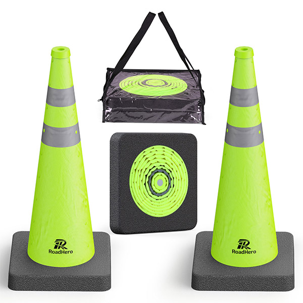 RoadHero 28 Inch Collapsible Traffic Safety Cones with Black Weighted Base, Construction Orange Cones with Reflective Collars for Road Safety, Driving Training, Parking Lots, 2 Pack
