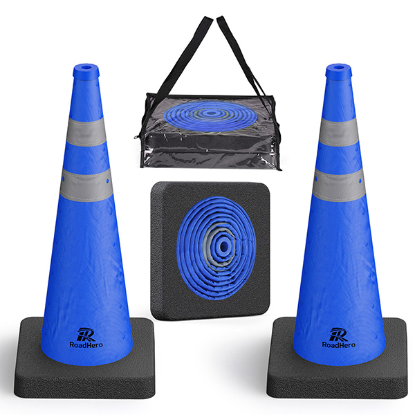 RoadHero 28 Inch Collapsible Traffic Safety Cones with Black Weighted Base, Construction Blue Cones with Reflective Collars for Road Safety, Driving Training, Parking Lots, 2 Pack