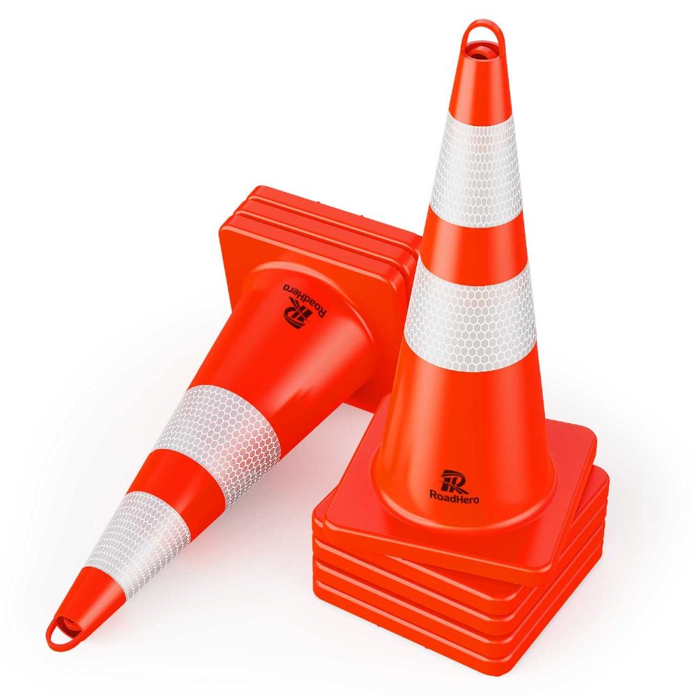 RoadHero (8 Pack) Traffic Cones 28 Inch - Safety Cones with Reflective Collar - Orange Cones with Handle - Plastic PVC Heavy-Duty Cones for Parking Lot, Driving Training