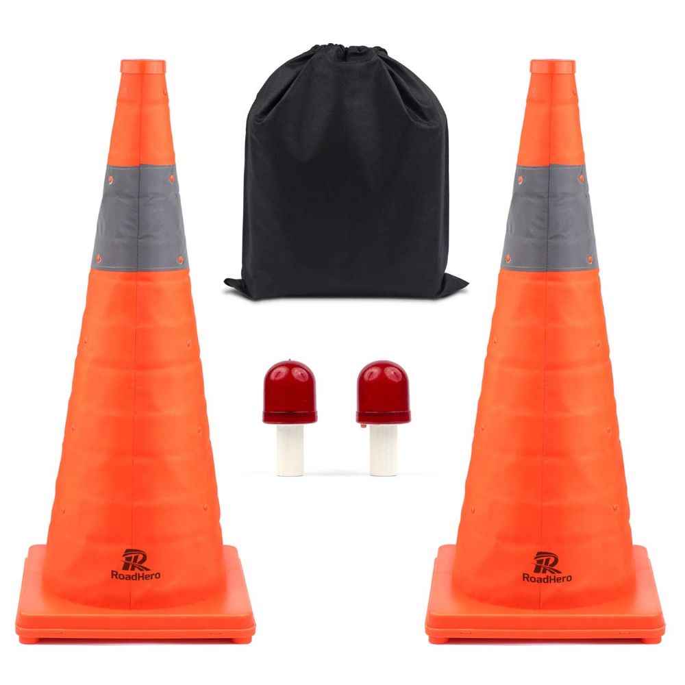 RoadHero 28 Inch [2 Pack] Collapsible Traffic Safety Cones, Multi Purpose Pop-up Cones with Reflective Collar for Road Safety, Orange Cones with LED Light for Driving Training, Parking Lots