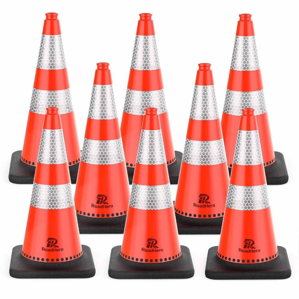 RoadHero (8 Pack) Traffic Safety Cones 28 Inch with Black Weighted Base, Plastic PVC Cone, Orange Cones with Reflective Collar & Handheld, Cones for Parking Lot, Construction Events, Road Safety