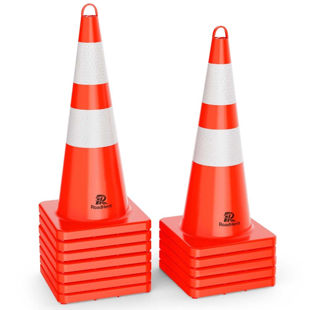 RoadHero [12 Cones] Traffic Cones 28 Inch, Orange Safety Cones with Reflective Collar, Cones for Parking Lot, Sport & Driving Training, Road Safety, Construction Events
