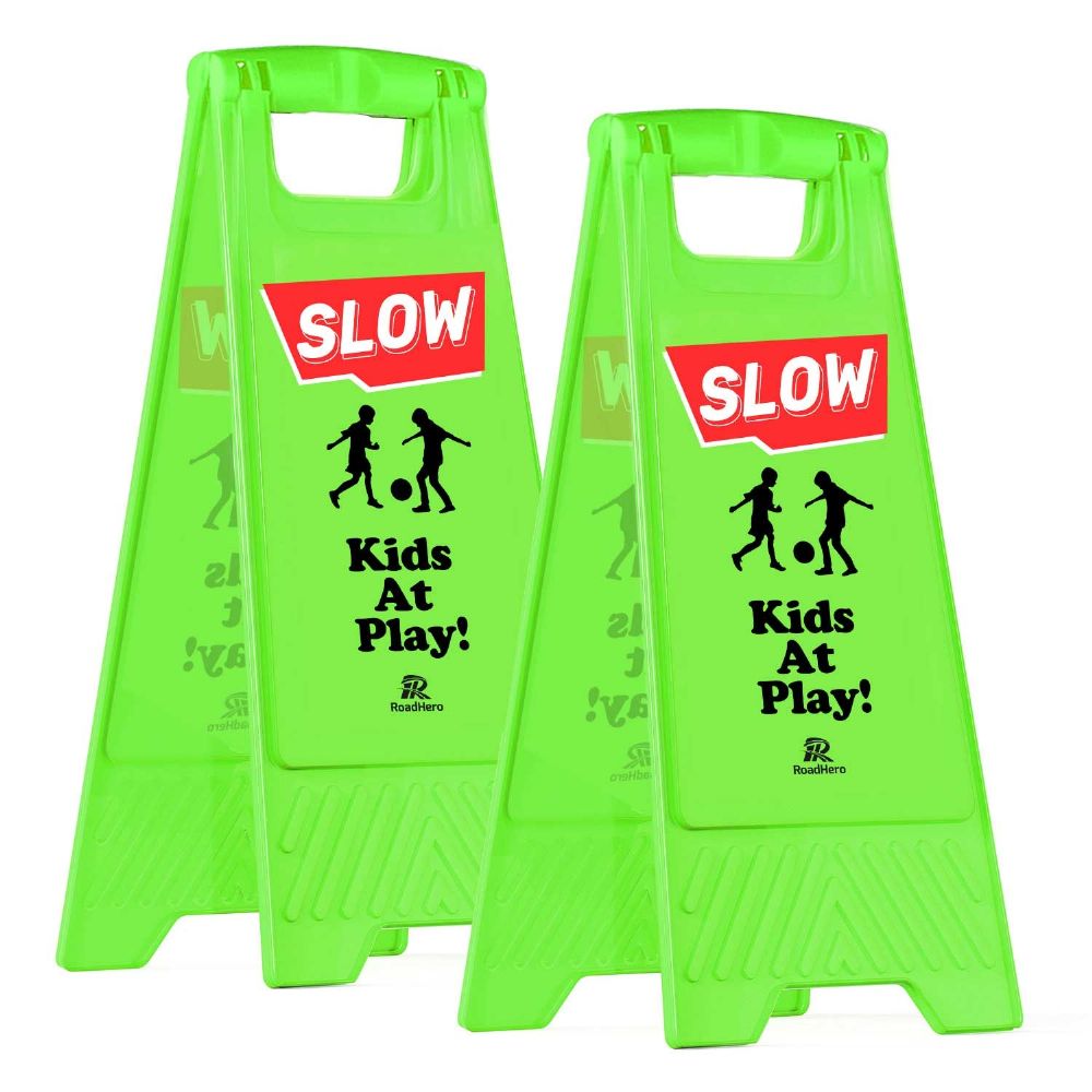 RoadHero 2 Pack Slow Kids at Play sign, Children at Play Safety Signs,Double-sided Caution Playing Sign for Street,Neighborhoods ,Schools, Park, Sidewalk, Driveway(Green)