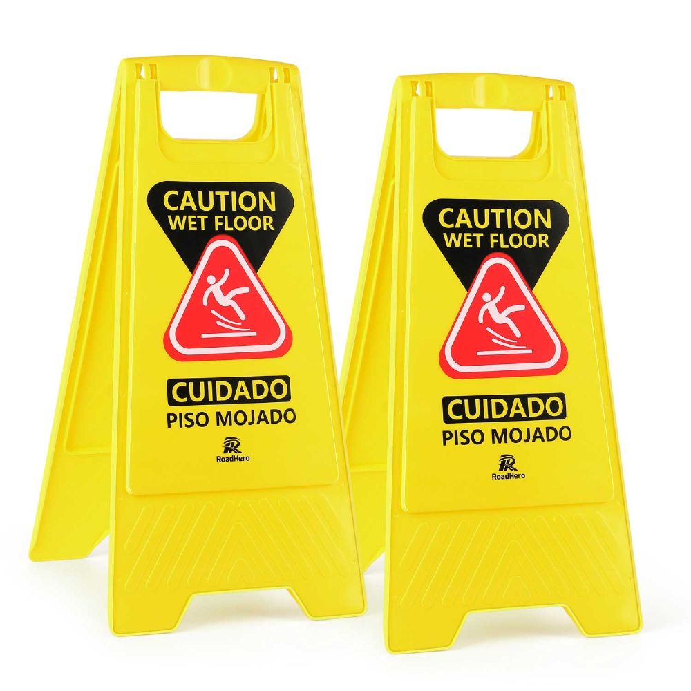 RoadHero 2 Pack Wet Floor Sign, 2-Sided Yellow Caution Signs, Bilingual Collapsible Warning Signs for Commercial Use 24