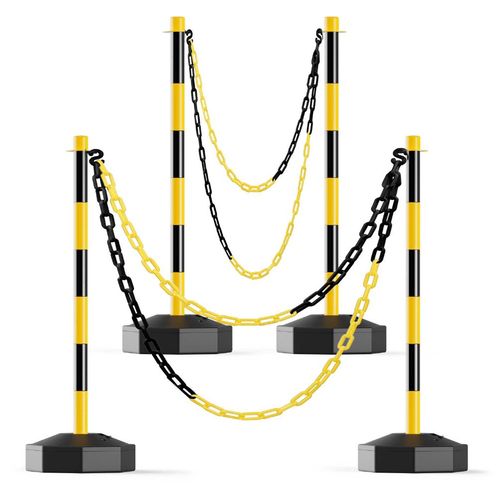 RoadHero [4 Pack] Traffic Delineator Post Cones with Fillable Base, Expandable Traffic Safety Barrier with 8FT Plastic Chain, Traffic Safety Delineator Cones for Parking Lot [Black/Yellow]