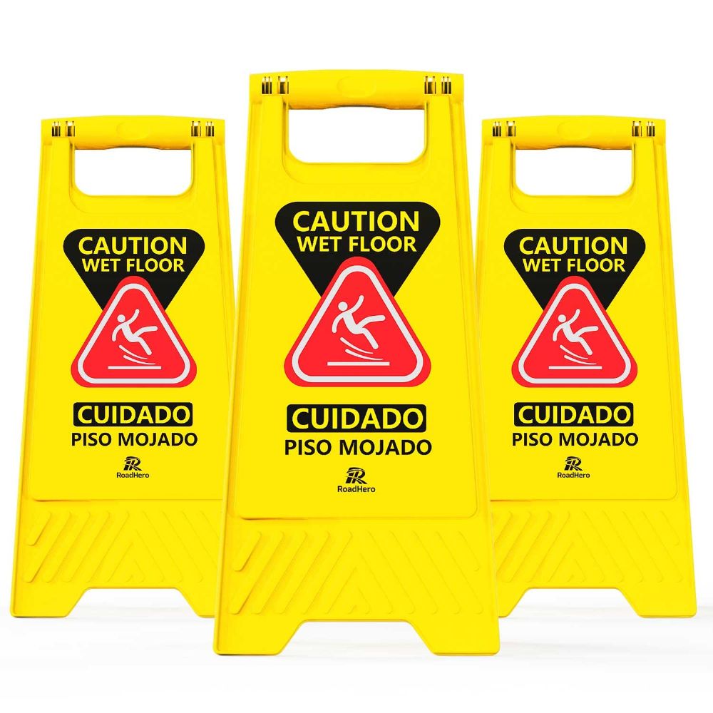 RoadHero 3 Pack Wet Floor Sign, 2-Sided Yellow Caution Signs, Bilingual Collapsible Warning Signs for Commercial Use 24