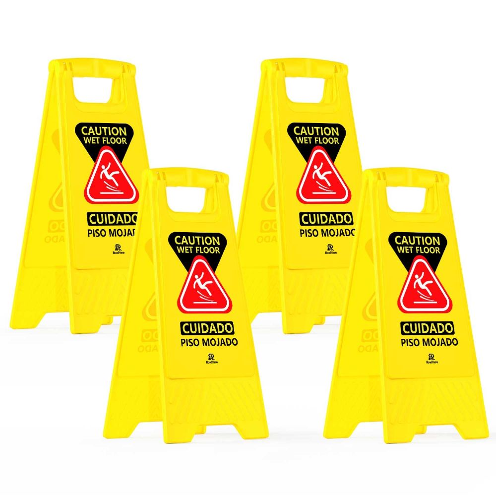 RoadHero 4 Pack Wet Floor Sign, 2-Sided Yellow Caution Signs, Bilingual Collapsible Warning Signs for Commercial Use 24