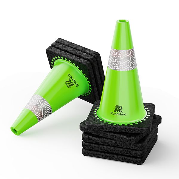 RoadHero (8 Pack) Traffic Safety Cones 18 Inch with Black Weighted Base, Plastic PVC Green Cones with Reflective Collar, Cones for Parking Lot, Construction Events, Road Safety