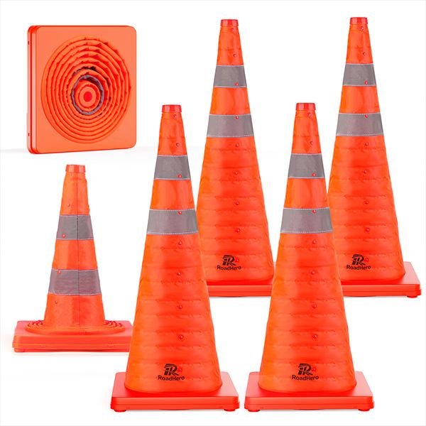 RoadHero 28 Inch [6 Pack] Collapsible Traffic Safety Cones, Multi Purpose Pop-up Cones with Reflective Collar for Road Safety, Orange Cones for Driving Training, Parking Lots