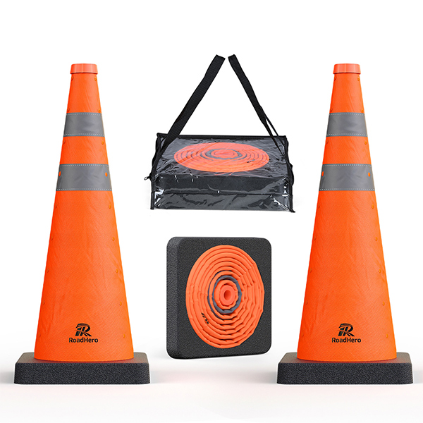 RoadHero 28 Inch Collapsible Traffic Safety Cones with Black Weighted Base, Construction Orange Cones with Reflective Collars for Road Safety, Driving Training, Parking Lots, 2 Pack