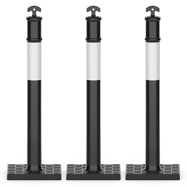 RoadHero 45 Inch Delineator Post with Rubber Base,Heavy Duty Black Traffic Delineator Posts Cones with Reflective Collars for Parking Lots, Road Safety, Construction Events 3 Pack