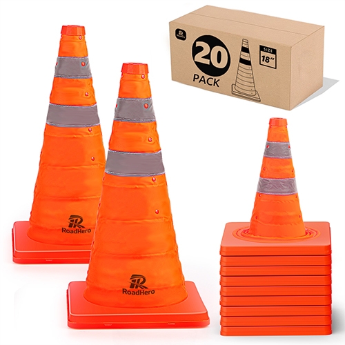 RoadHero 18 Inch [20 Pack] Collapsible Traffic Safety Cones, Multi Purpose Pop-up Cones with Reflective Collar for Road Safety, Orange Cones for Driving Training, Parking Lots