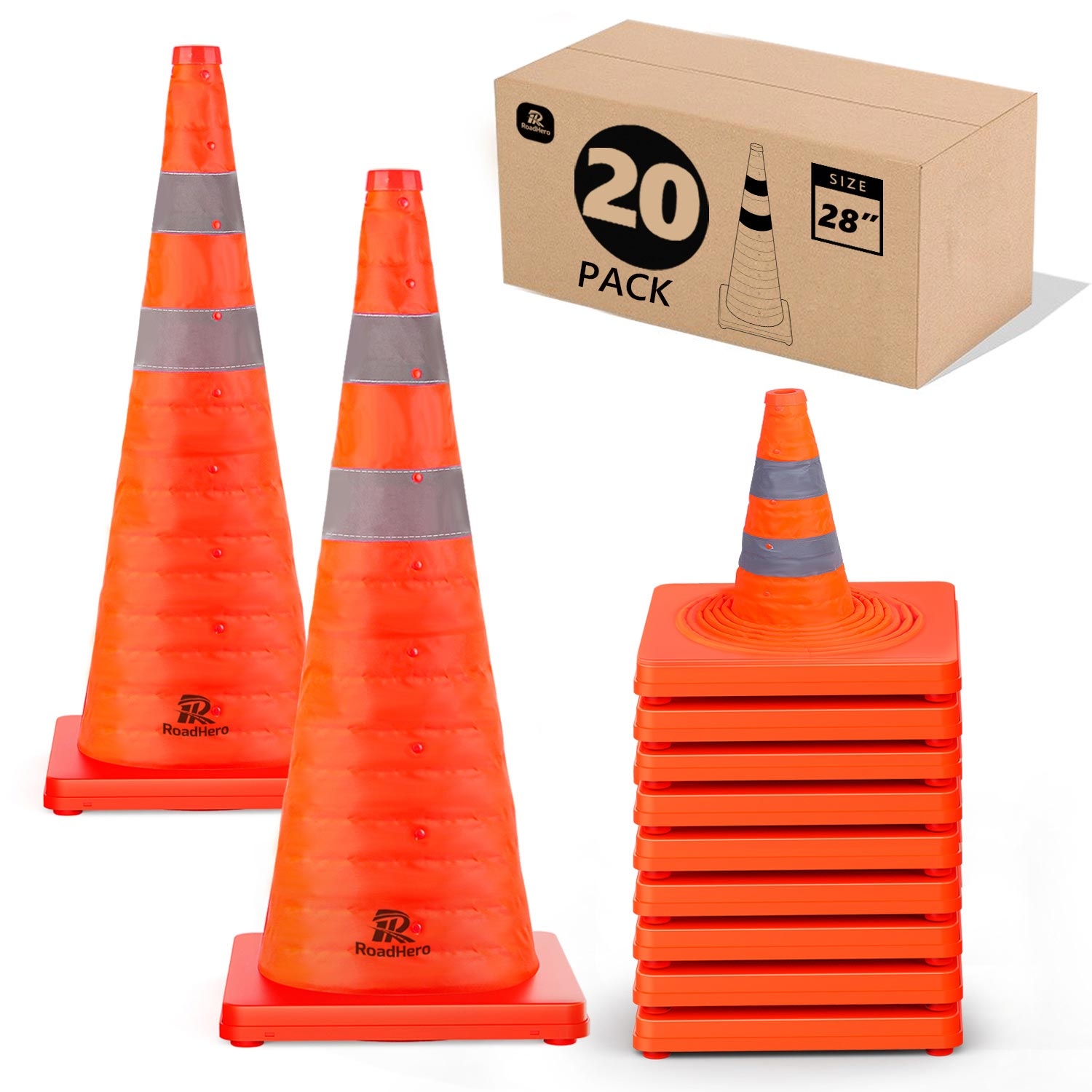 RoadHero 28 Inch [20 Pack] Collapsible Traffic Safety Cones, Multi Purpose Pop-up Cones with Reflective Collar for Road Safety, Orange Cones for Driving Trainin