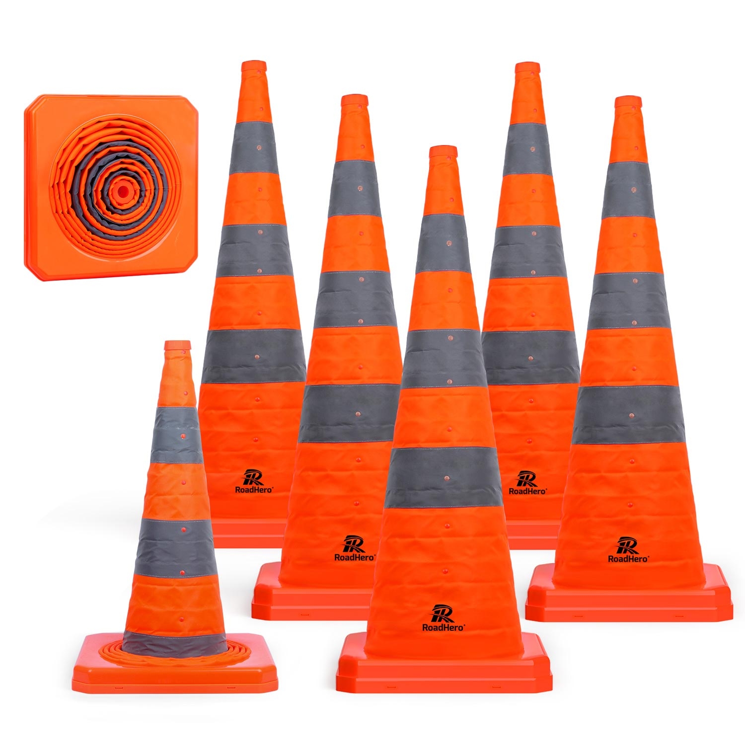 RoadHero 36 Inch [6 Pack] Collapsible Traffic Safety Cones, Multi Purpose Pop-up Cones with Reflective Collar for Road Safety, Orange Cones for Driving Training, Parking Lots