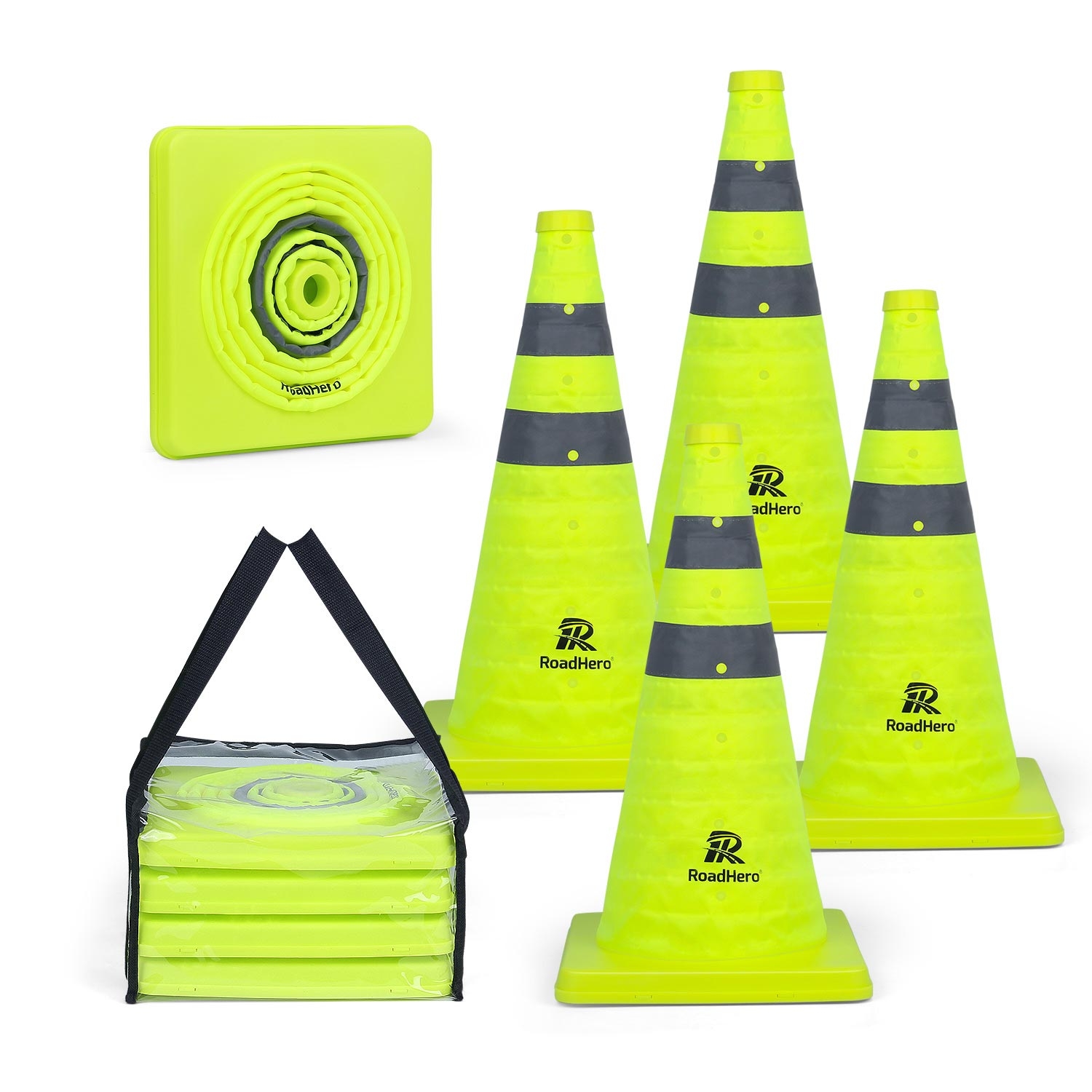 RoadHero 18 Inch [4 Pack] Collapsible Traffic Safety Cones, Lime Green Pop-up Cones with Reflective Collar for Road Safety, Driving Training, Parking Lots