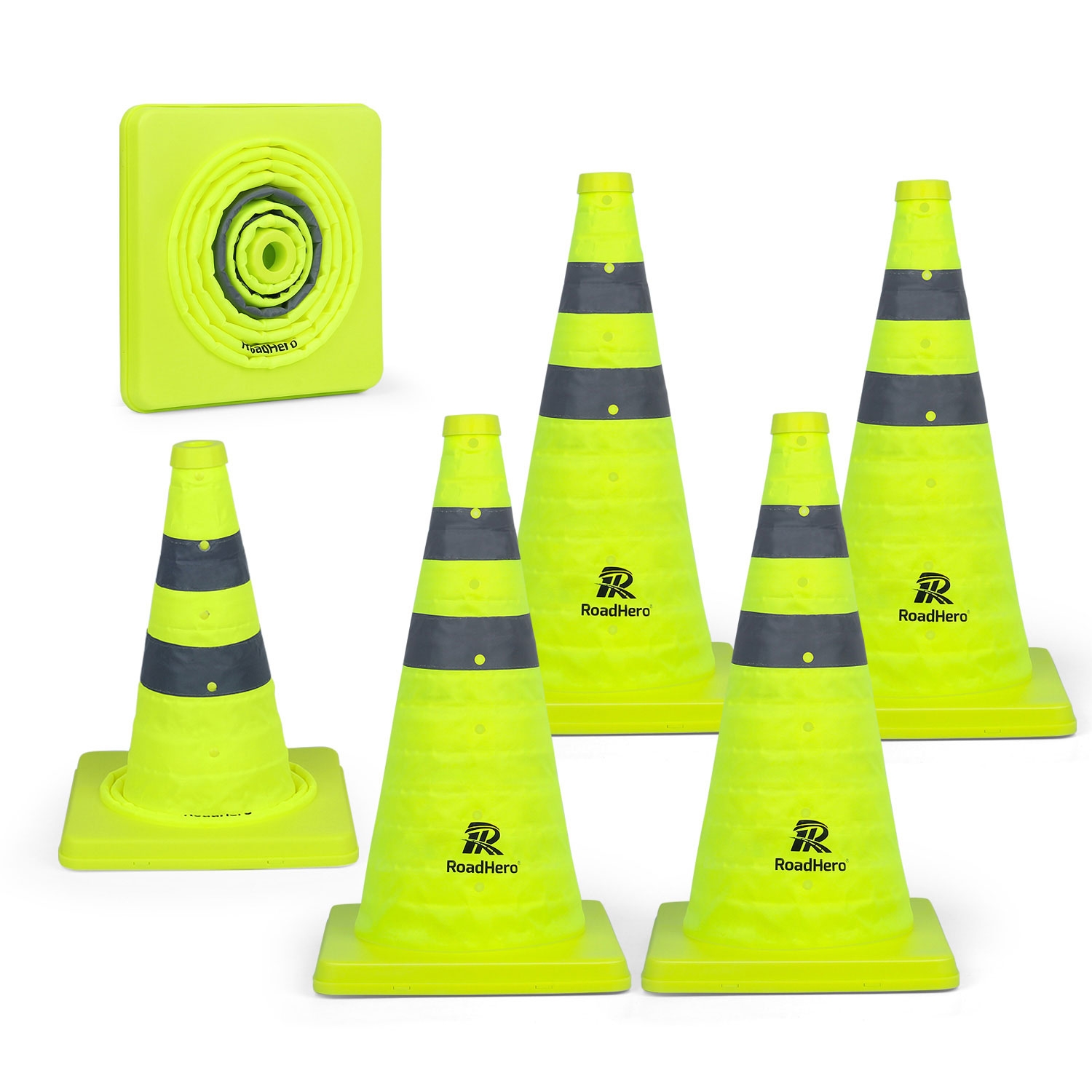 RoadHero 18 Inch [6 Pack] Collapsible Traffic Safety Cones, Lime Green Pop-up Cones with Reflective Collar for Road Safety, Driving Training, Parking Lots