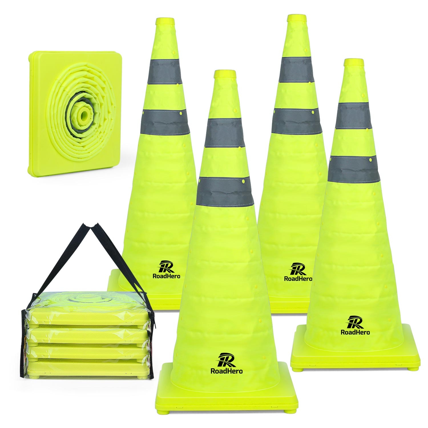 RoadHero 28 Inch [4 Pack] Collapsible Traffic Safety Cones, Lime Green Pop-up Cones with Reflective Collar for Road Safety, Driving Training, Parking Lots