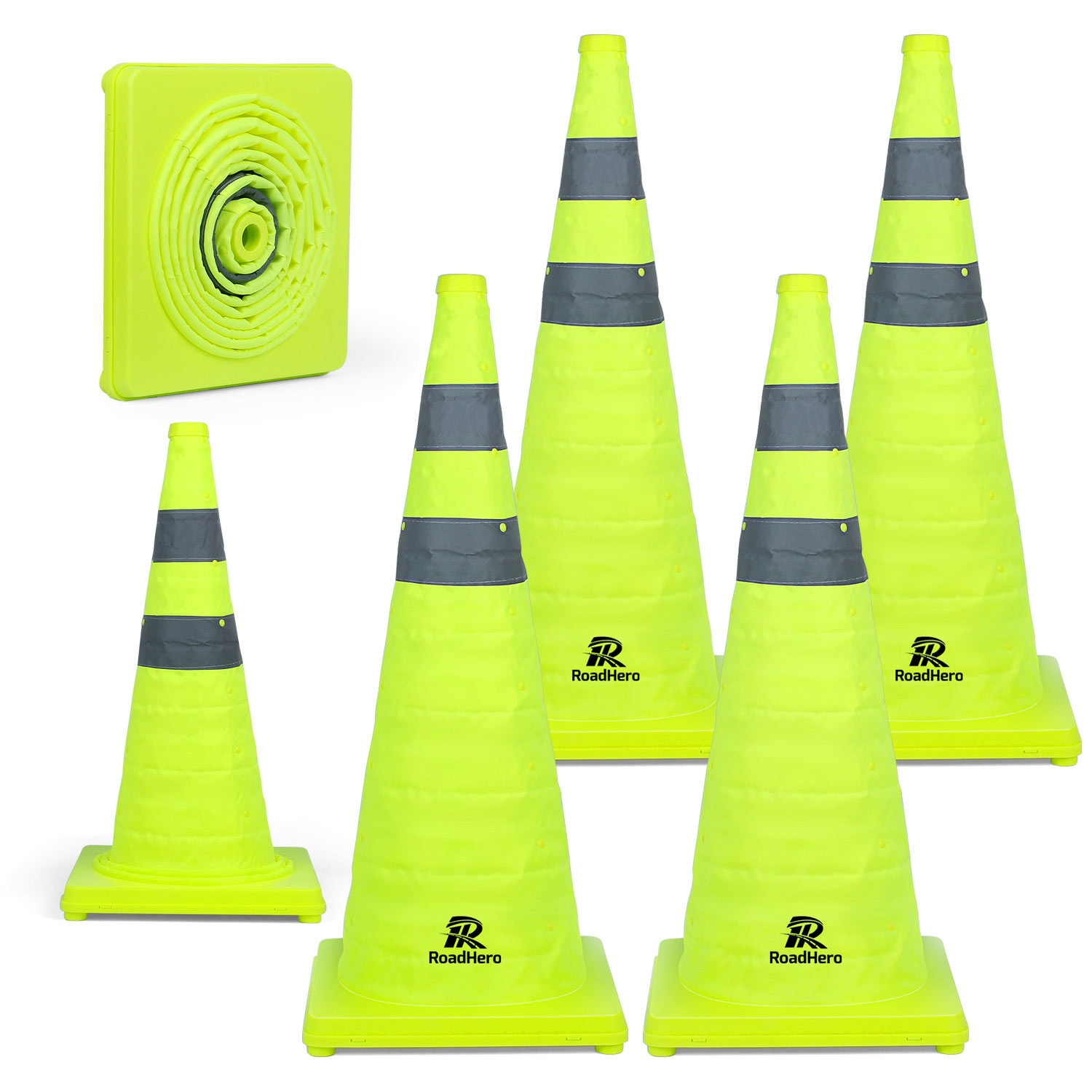 RoadHero 28 Inch [6 Pack] Collapsible Traffic Safety Cones, Lime Green Pop-up Cones with Reflective Collar for Road Safety, Driving Training, Parking Lots