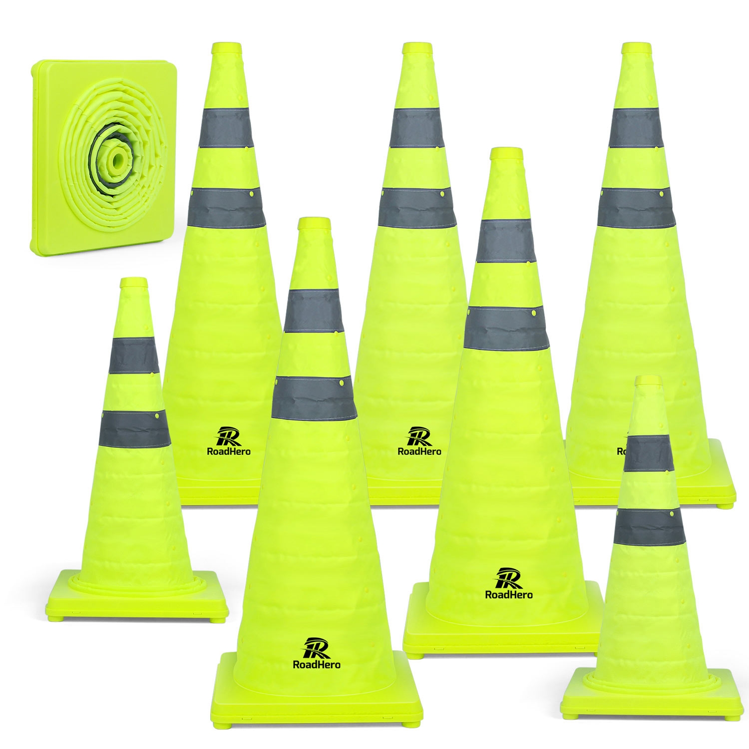 RoadHero 28 Inch [8 Pack] Collapsible Traffic Safety Cones, Lime Green Pop-up Cones with Reflective Collar for Road Safety, Driving Training, Parking Lots