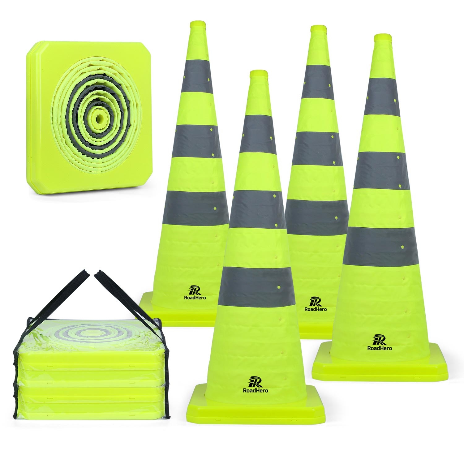 RoadHero 36 Inch [4 Pack] Collapsible Traffic Safety Cones, Lime Green Pop-up Cones with Reflective Collar for Road Safety, Driving Training, Parking Lots