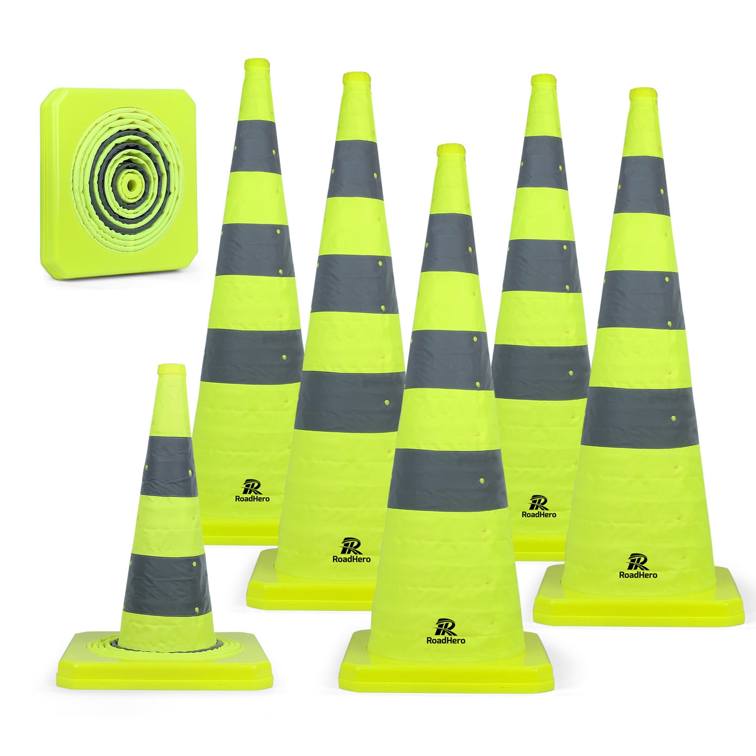 RoadHero 36 Inch [6 Pack] Collapsible Traffic Safety Cones, Lime Green Pop-up Cones with Reflective Collar for Road Safety, Driving Training, Parking Lots