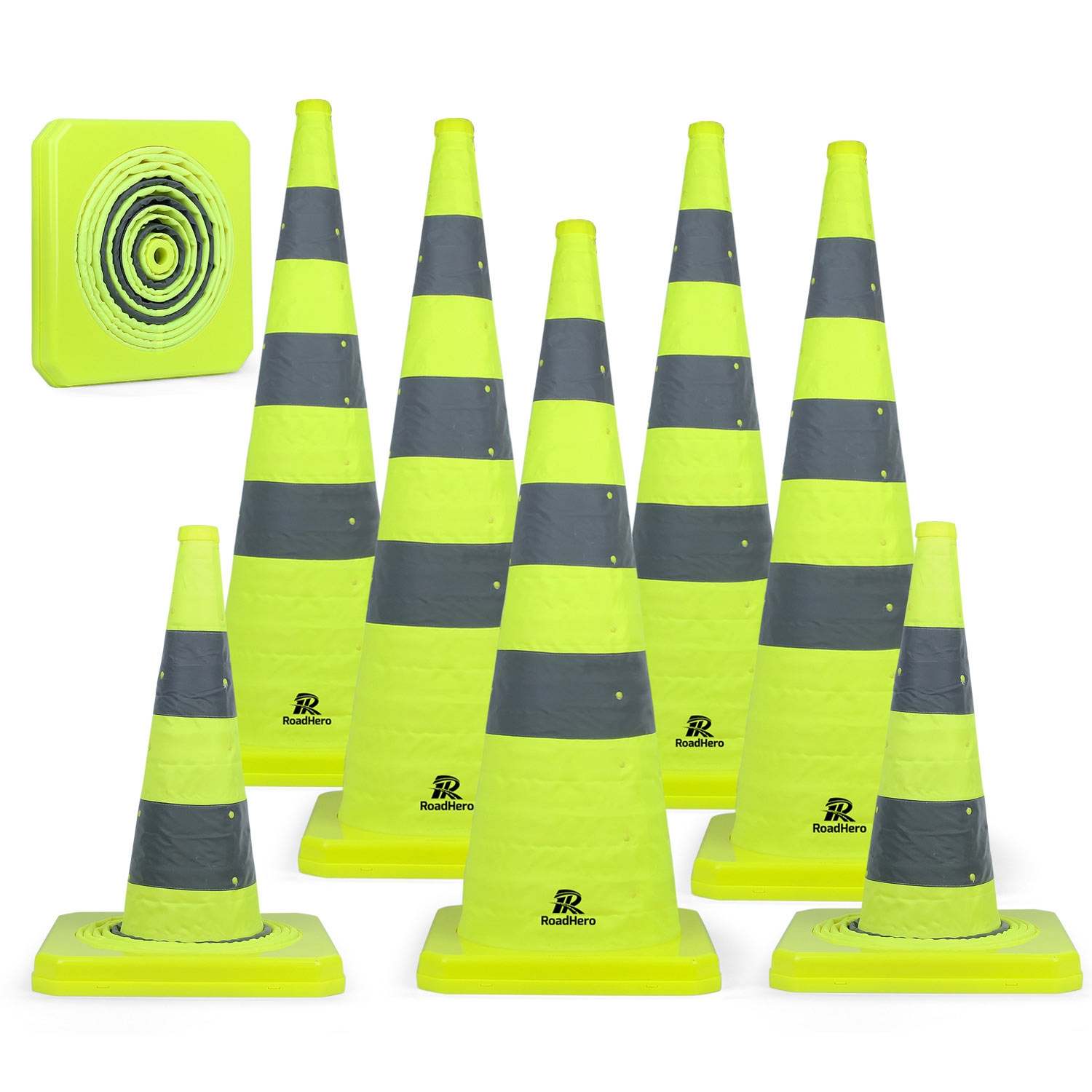 RoadHero 36 Inch [8 Pack] Collapsible Traffic Safety Cones, Lime Green Pop-up Cones with Reflective Collar for Road Safety, Driving Training, Parking Lots
