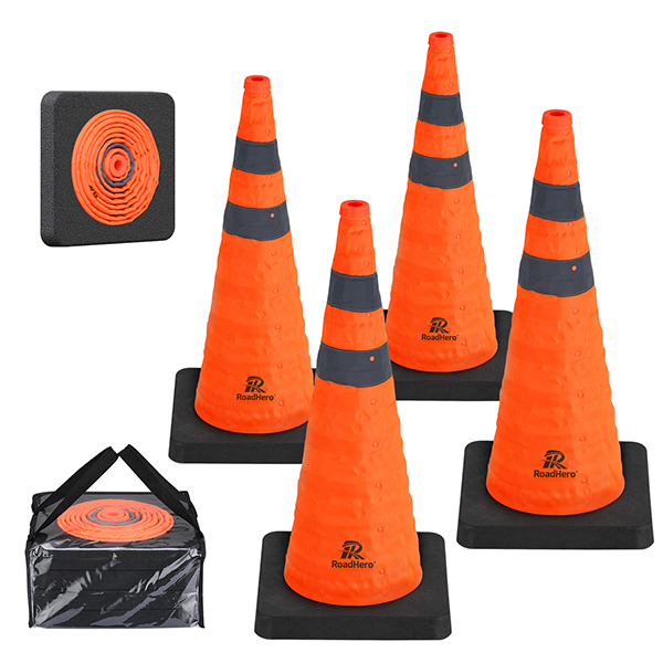 RoadHero 28 Inch Collapsible Traffic Safety Cones with Black Weighted Base, Construction Orange Cones with Reflective Collars for Road Safety, Driving Training, Parking Lots, 4 Pack