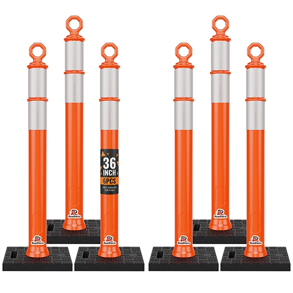 RoadHero 36 Inch Traffic Delineator Post Cones with Base, Orange, 6 Pack