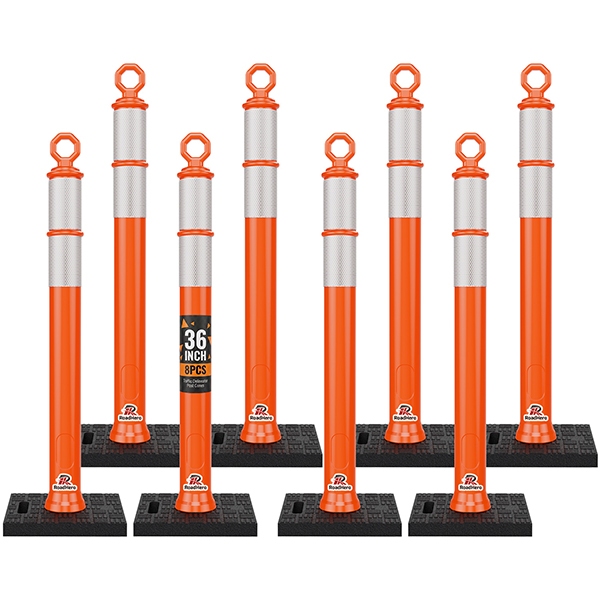 RoadHero 36 Inch Traffic Delineator Post Cones with Base, Orange, 8 Pack