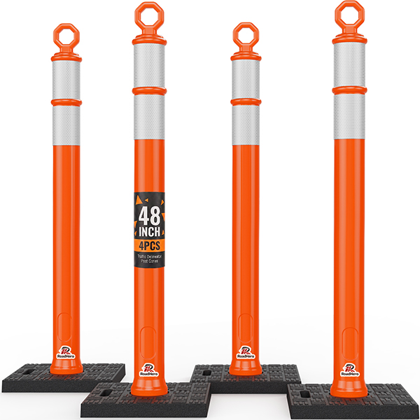 RoadHero 48 Inch Traffic Delineator Post Cones with Base, Orange, 4 Pack